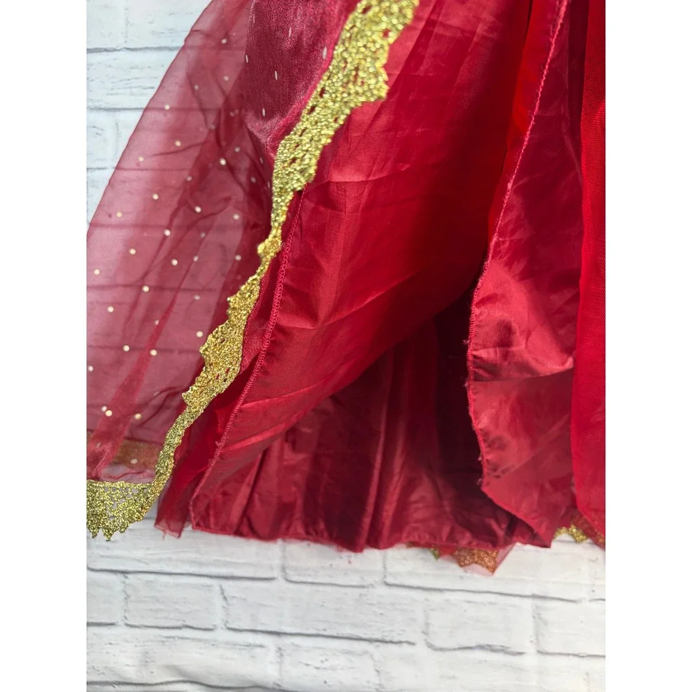 Disney Store Belle Winter Red Velvet Gold Lace Costume Dress Girls 7/8 Gloves